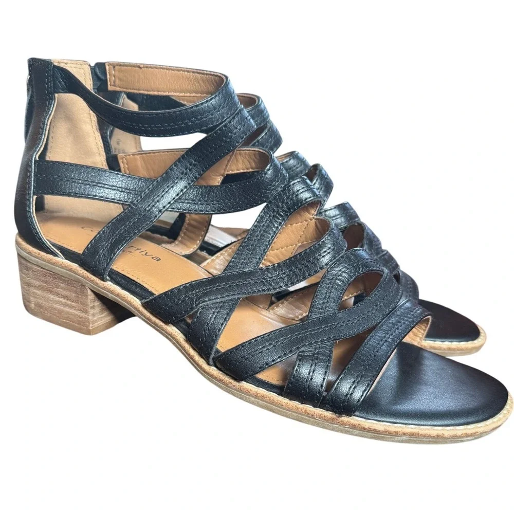 Comfortiva Womens Fayth Black Leather Strappy Gladiator Block Heel Sandals 8